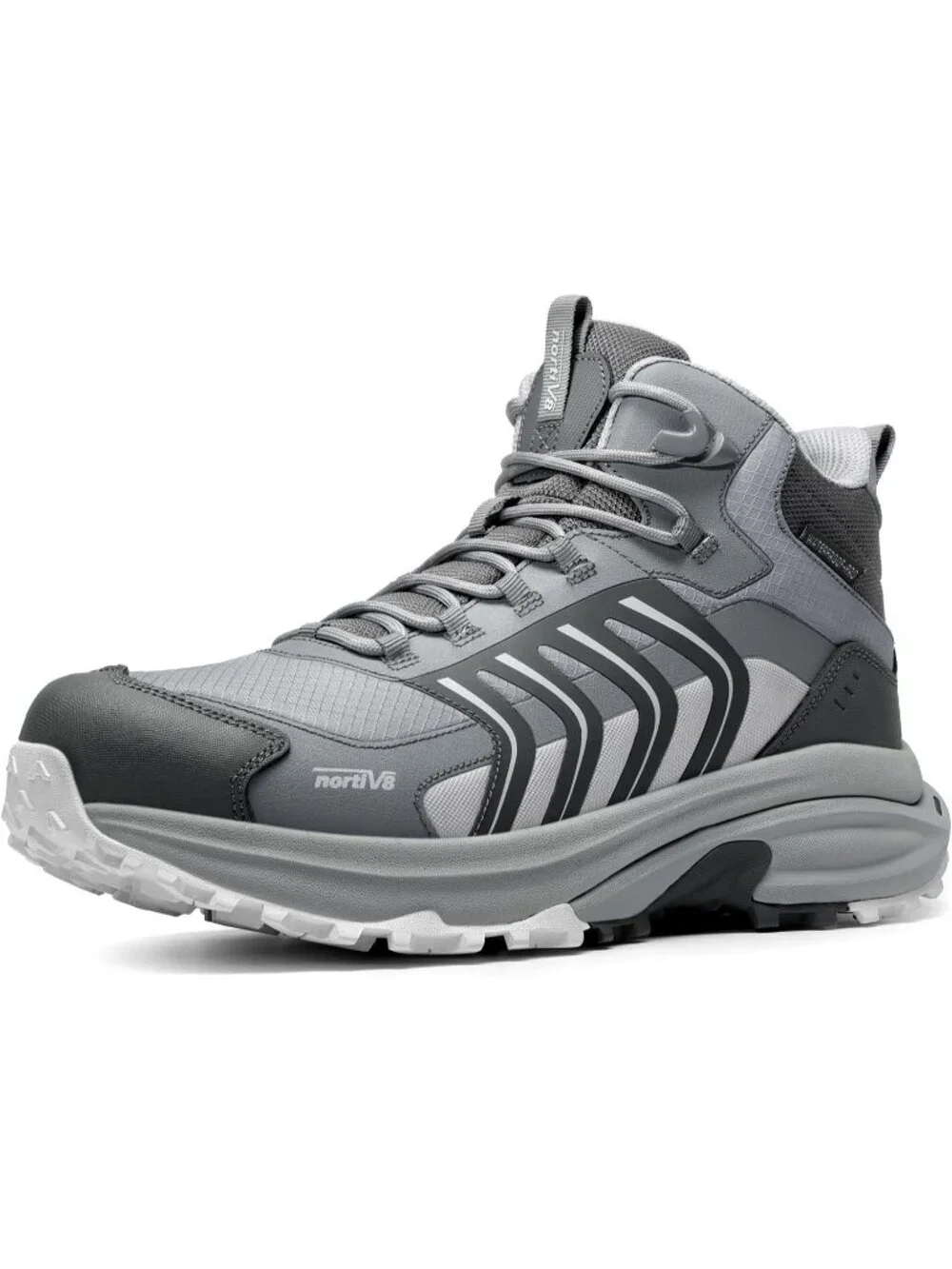 Men's Light Grey Trekking Shoes Mid Top Round Toe Non Slip Zipper Hiking Boots